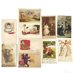 10pc Lot Early 1900s Romantic RPPC & Lithograph Postcards, Cartoon, Equestrian +